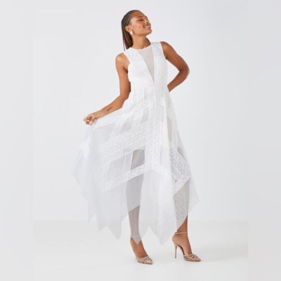 BCBGMaxAzria Dresses & Skirts - ANDI ASYMMETRIC LACE & TULLE MAXI DRESS IN OFF WHITE
